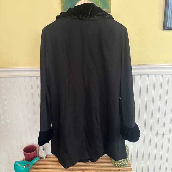 INC International Concepts Black Velvet-Trimmed Coat With Ruffled Collar & Cuffs - Picture 2 of 6